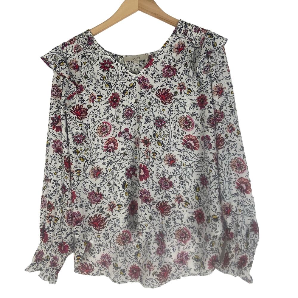 LOFT Women’s Tapestry Smocked Ruffle Blouse Size Medium - Picture 3 of 12
